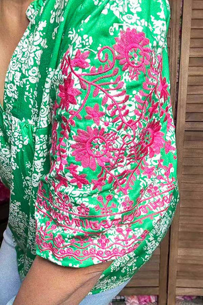 Pink floral emboridery puff sleeves green women blouse XCH16810