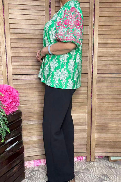 Pink floral emboridery puff sleeves green women blouse XCH16810