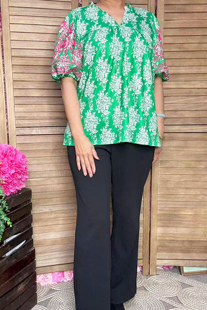 Pink floral emboridery puff sleeves green women blouse XCH16810