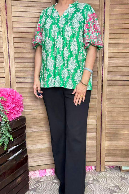 Pink floral emboridery puff sleeves green women blouse XCH16810