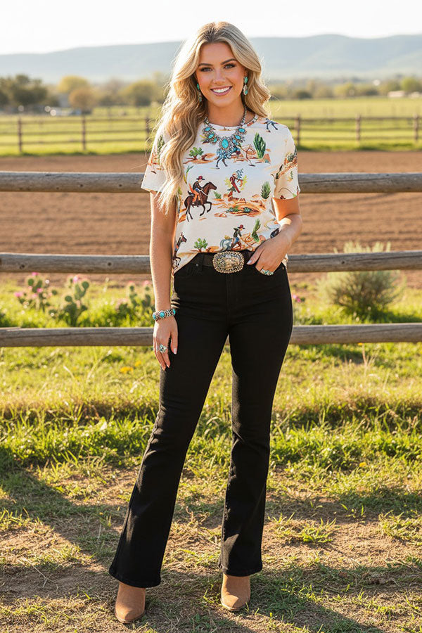 Western cowboy printed short sleeve women t-shirt XCH16916
