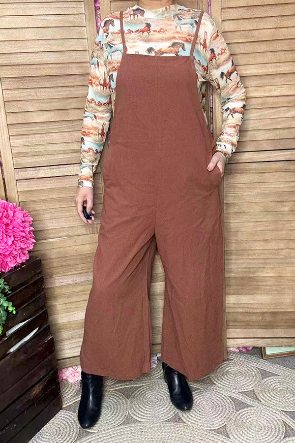 One piece cotton adjustable wide leg brown women jumpsuit XCH16818