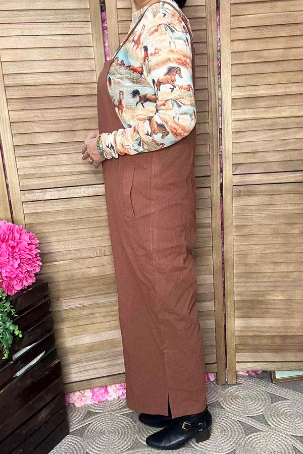 One piece cotton adjustable wide leg brown women jumpsuit XCH16818