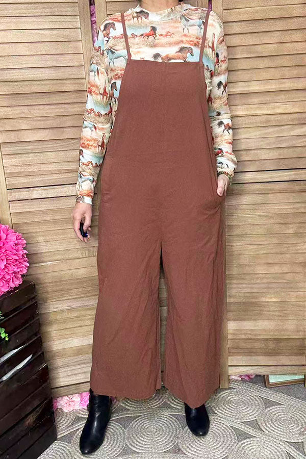 One piece cotton adjustable wide leg brown women jumpsuit XCH16818