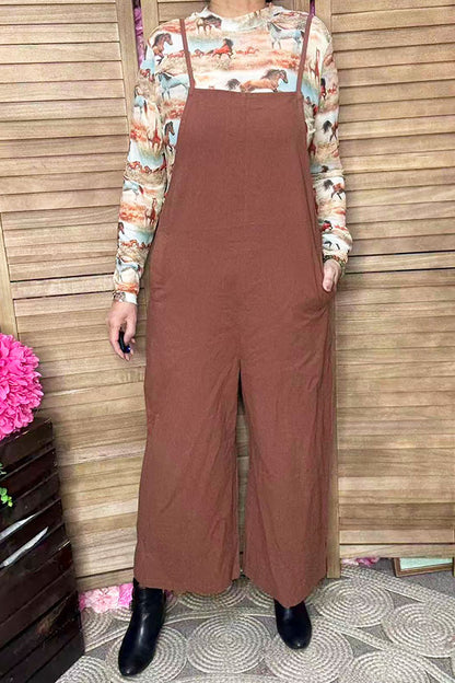 One piece cotton adjustable wide leg brown women jumpsuit XCH16818