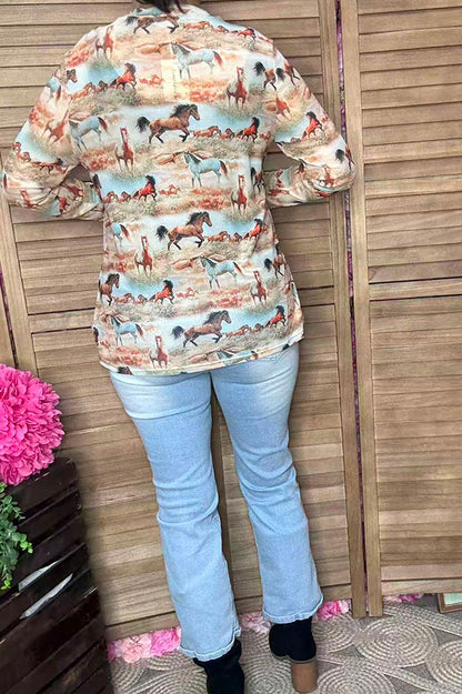 Western wild horse printed long sleeve mesh women top XCH16923