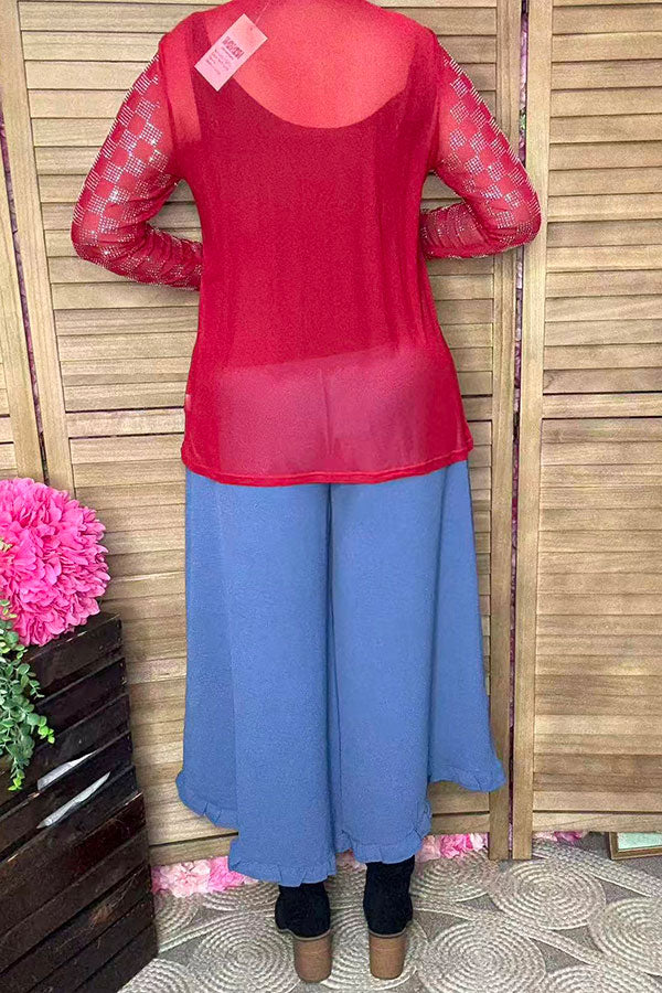 Western red sheer & rhinestone checkered long sleeves women top XCH16872