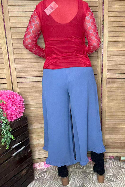 Solid color blue ruffles wide leg women pant XCH16819