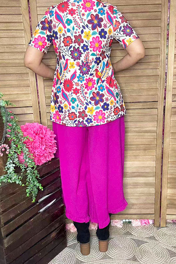 Solid color fuchsia ruffles wide leg women pant XCH16820