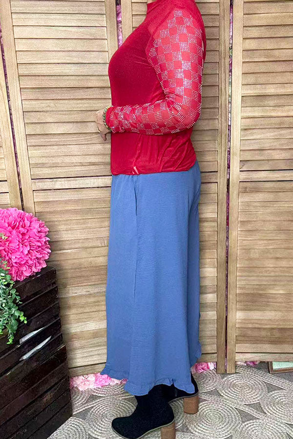 Solid color blue ruffles wide leg women pant XCH16819