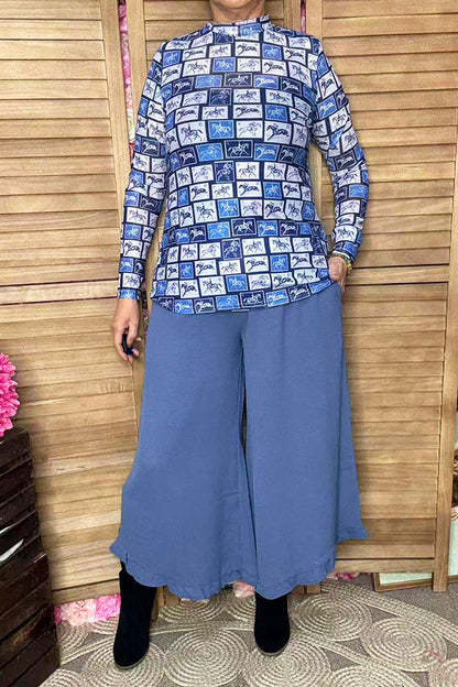 Blue Horse Stamp Printed Sheer Mesh Long Sleeve Women Top XCH16584