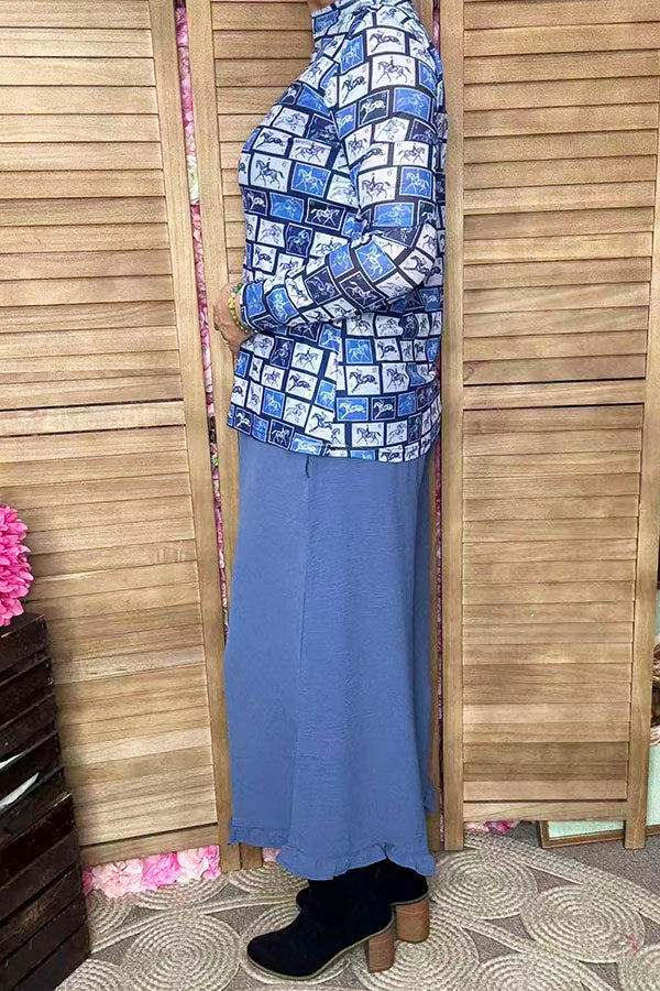 Blue Horse Stamp Printed Sheer Mesh Long Sleeve Women Top XCH16584