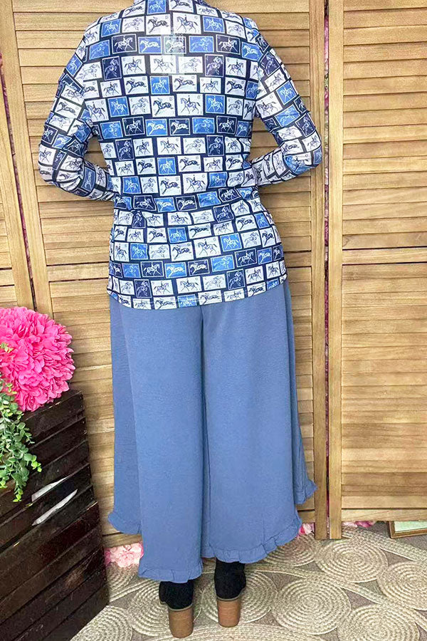 Blue Horse Stamp Printed Sheer Mesh Long Sleeve Women Top XCH16584