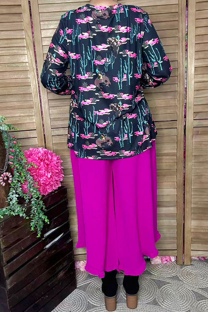 Western cactus & cowboy & pink flower long sleeve women top XCH16915