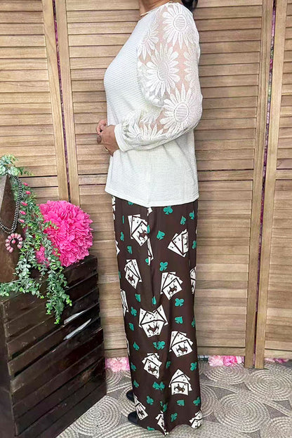 Cream knit fabric lace long sleeve women blouse XCH16402