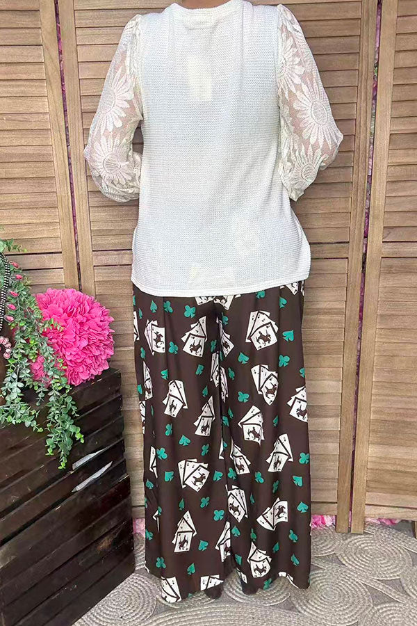 Cream knit fabric lace long sleeve women blouse XCH16402