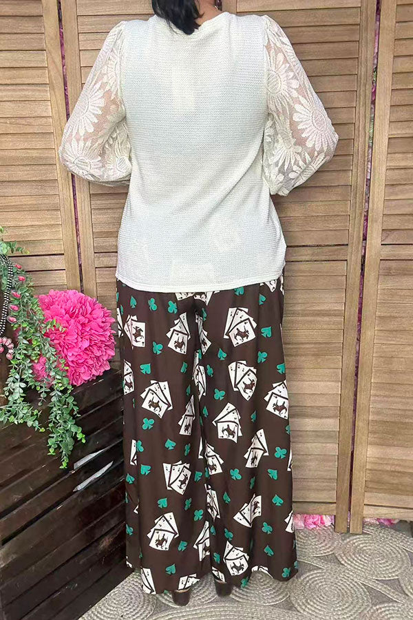 Cream knit fabric lace long sleeve women blouse XCH16402