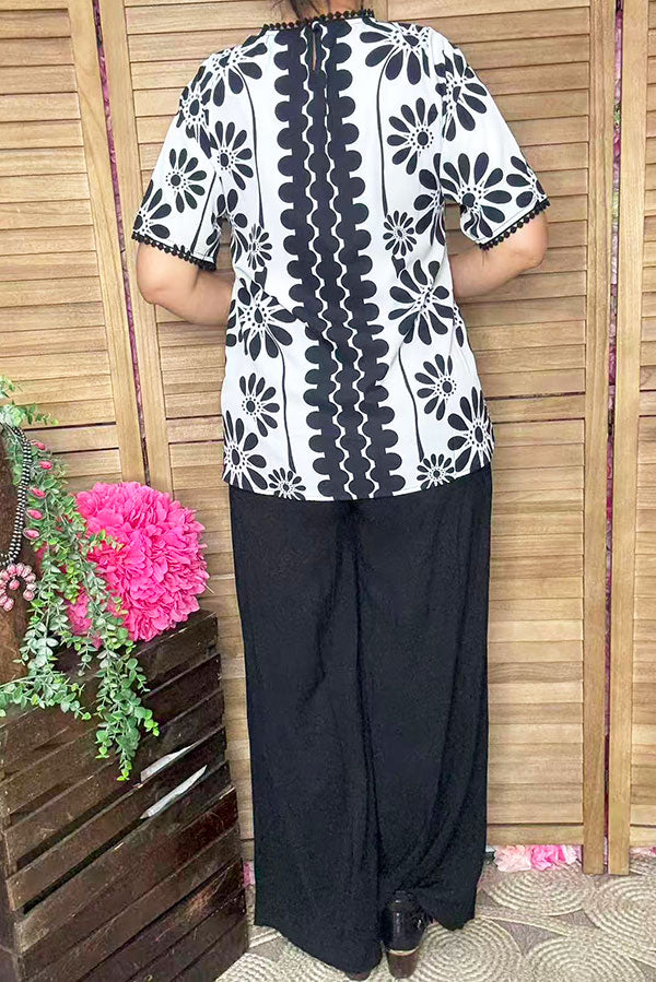 Casual Loose Floral Print Pompoms Crew Neck Short Sleeve Women Blouse XCH16717