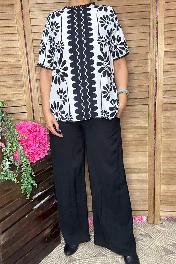 Casual Loose Floral Print Pompoms Crew Neck Short Sleeve Women Blouse XCH16717