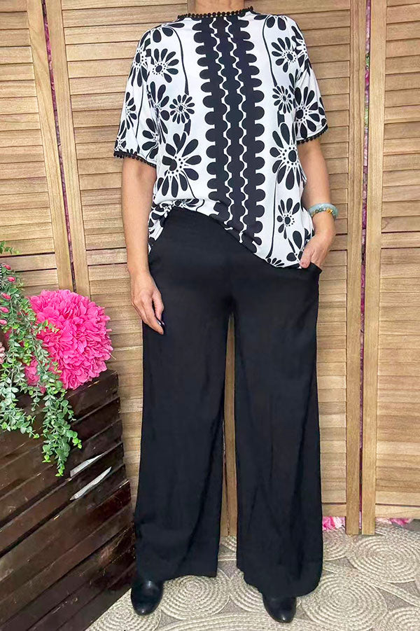 Casual Loose Floral Print Pompoms Crew Neck Short Sleeve Women Blouse XCH16717
