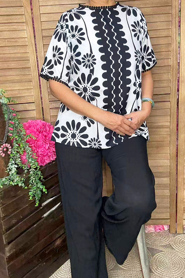 Casual Loose Floral Print Pompoms Crew Neck Short Sleeve Women Blouse XCH16717