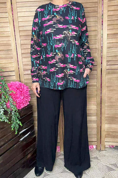 Western cactus & cowboy & pink flower long sleeve women top XCH16915