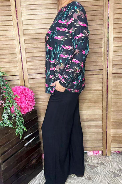 Western cactus & cowboy & pink flower long sleeve women top XCH16915