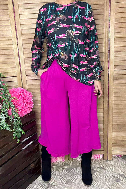Western cactus & cowboy & pink flower long sleeve women top XCH16915