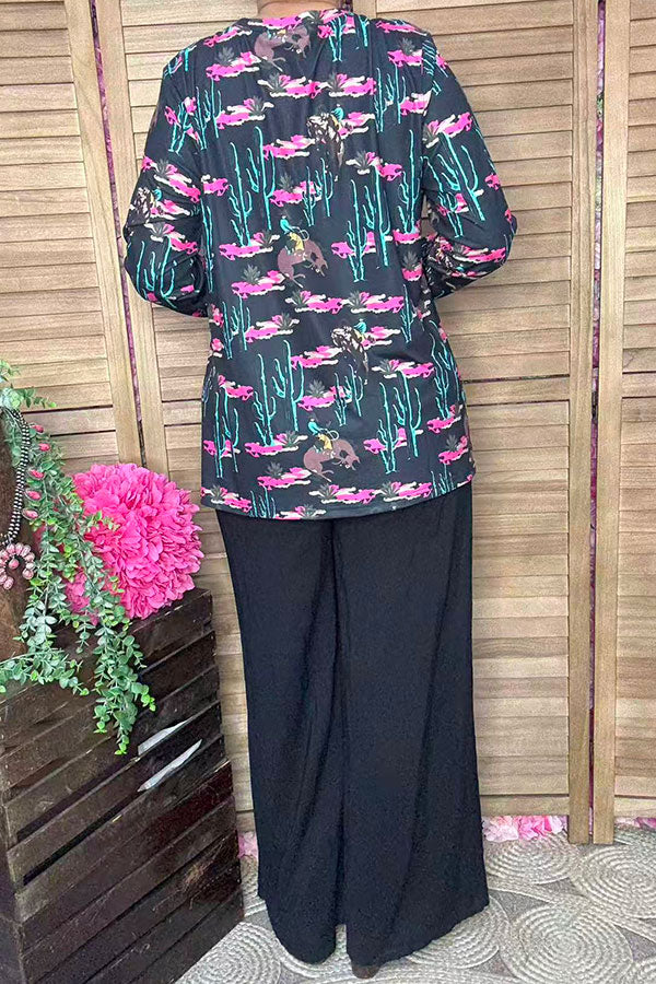 Western cactus & cowboy & pink flower long sleeve women top XCH16915