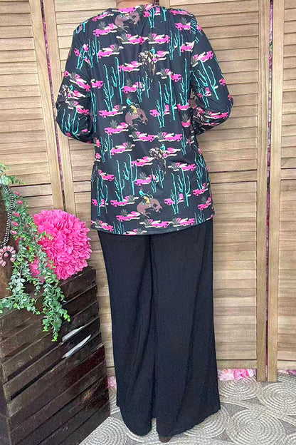 Western cactus & cowboy & pink flower long sleeve women top XCH16915