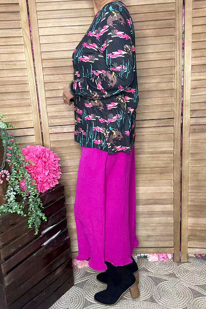 Western cactus & cowboy & pink flower long sleeve women top XCH16915