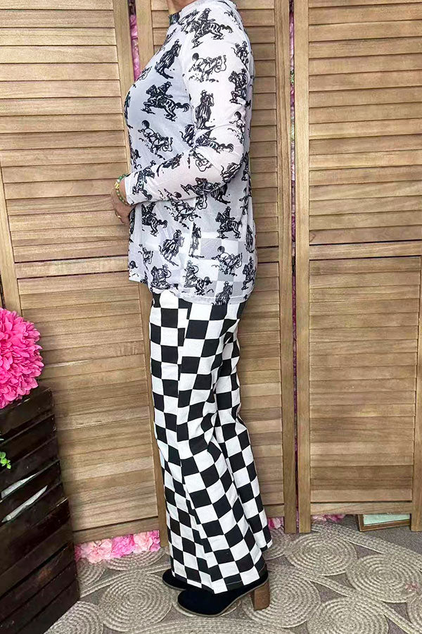 Western cowboy printed mesh long sleeve sheer women top XCH16964