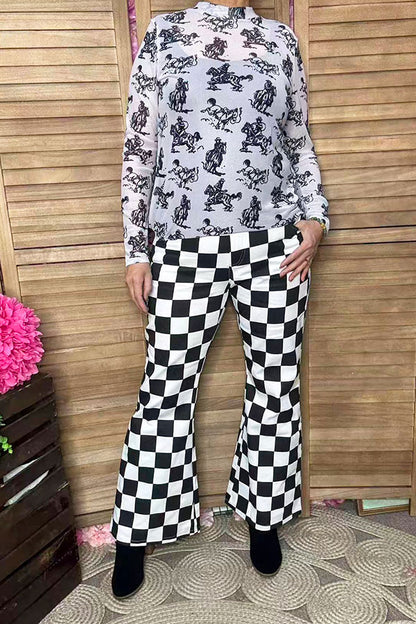 Western cowboy printed mesh long sleeve sheer women top XCH16964