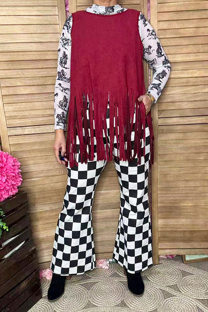 Suede burgundy women tank top w/fringe tassels GJQ13295