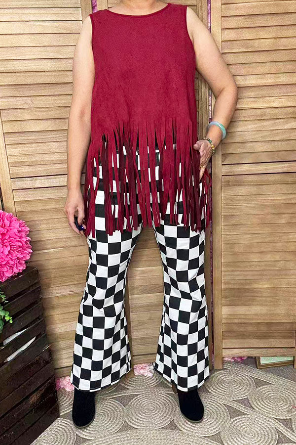 Suede burgundy women tank top w/fringe tassels GJQ13295
