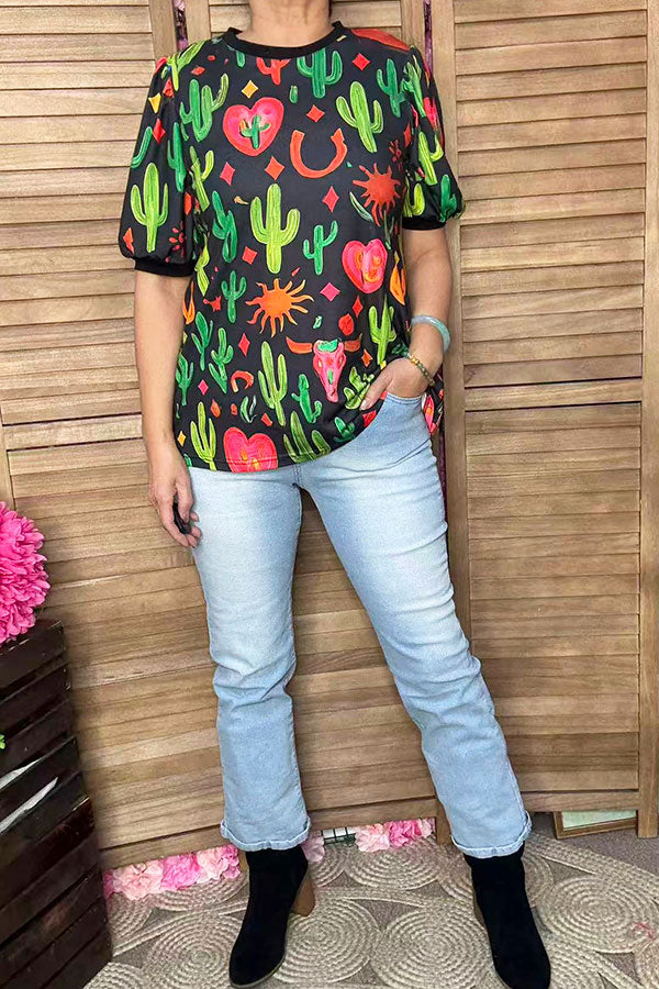 Western cactus printed short sleeve women t-shirt GJQ16614