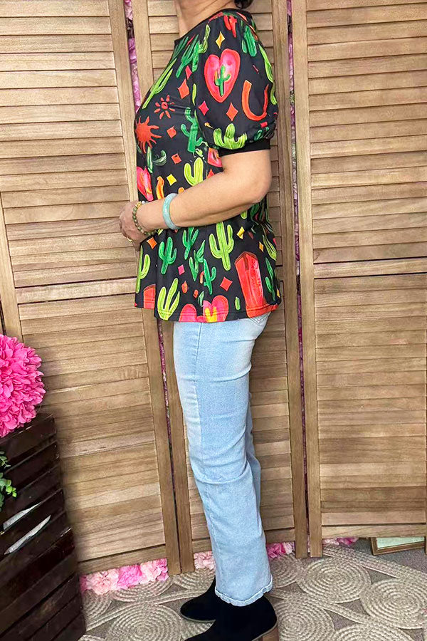 Western cactus printed short sleeve women t-shirt GJQ16614