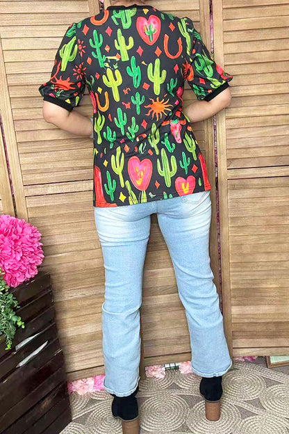 Western cactus printed short sleeve women t-shirt GJQ16614
