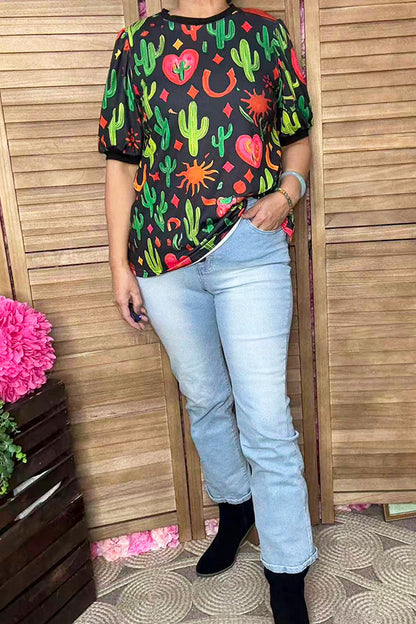 Western cactus printed short sleeve women t-shirt GJQ16614