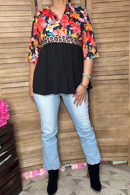 Floral & leopard & black color block half sleeves women top GJQ16303