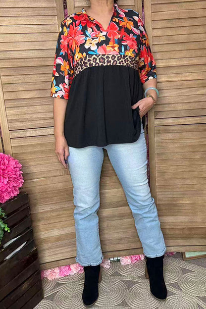 Floral & leopard & black color block half sleeves women top GJQ16303