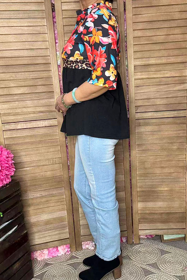 Floral & leopard & black color block half sleeves women top GJQ16303
