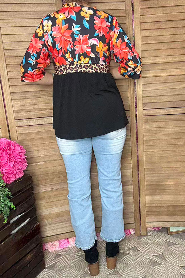 Floral & leopard & black color block half sleeves women top GJQ16303