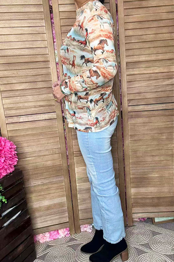 Western wild horse printed long sleeve mesh women top XCH16923