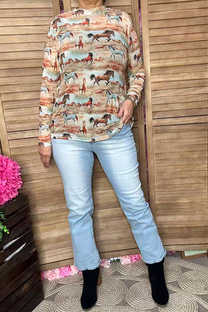Western wild horse printed long sleeve mesh women top XCH16923