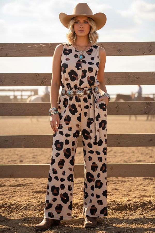 Women's apparel wholesale One piece overall leopard jumpsuit w/waistband & pockets YMY15073