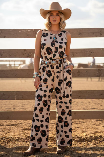 Women's apparel wholesale One piece overall leopard jumpsuit w/waistband & pockets YMY15073