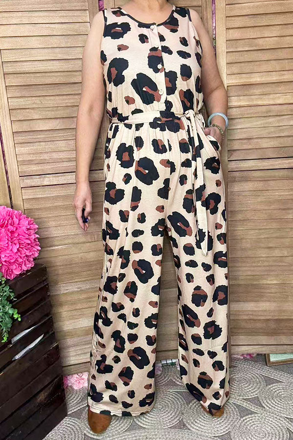 Women's apparel wholesale One piece overall leopard jumpsuit w/waistband & pockets YMY15073