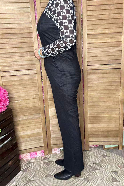 Stretchy black straight wide leg one piece women's overall pant XCH16404