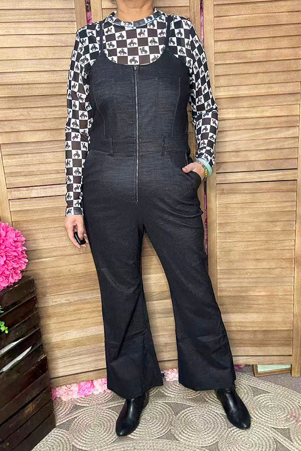 Stretchy black straight wide leg one piece women's overall pant XCH16404